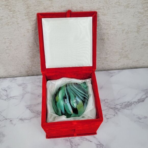 Hand Crafted Other - Vintage Hand Blown Green Swirl Art Glass Ornament in Red Velvet Box